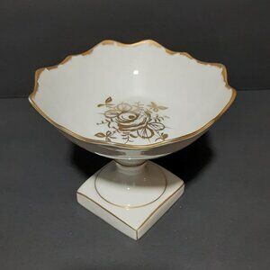 Vintage Birks French Limoges Porcelain Pedestal Dish / Bowl Gold Floral & Trim